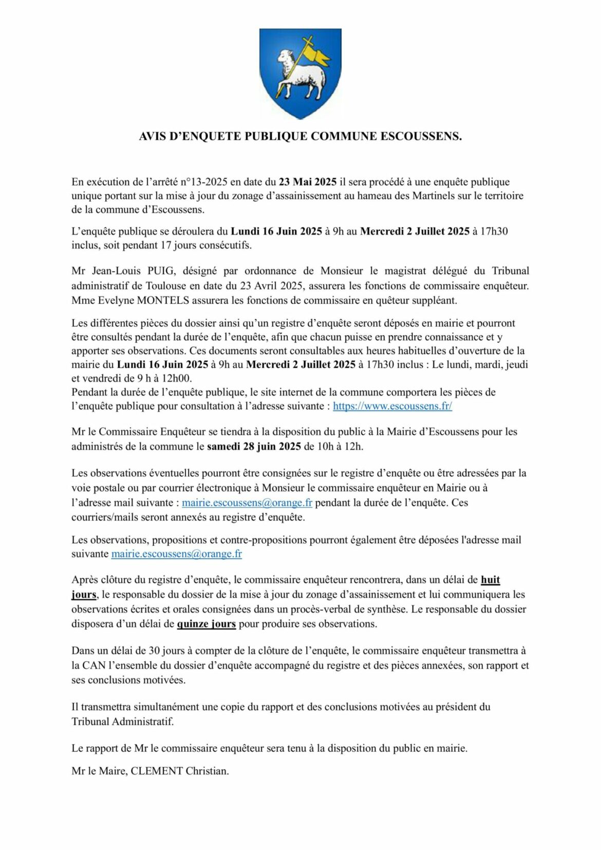 AVIS D’ENQUÊTE PUBLIQUE PORTANT SUR LA MISE A JOUR DU ZONAGE ASSAINISSEMENT AU HAMEAU DES MARTINELS