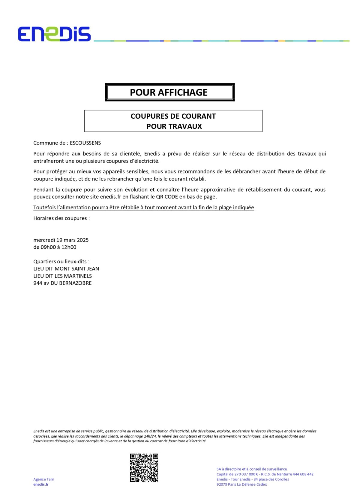 COUPURE DE COURANT MERCREDI 19 MARS DE 9H00 A 12H00