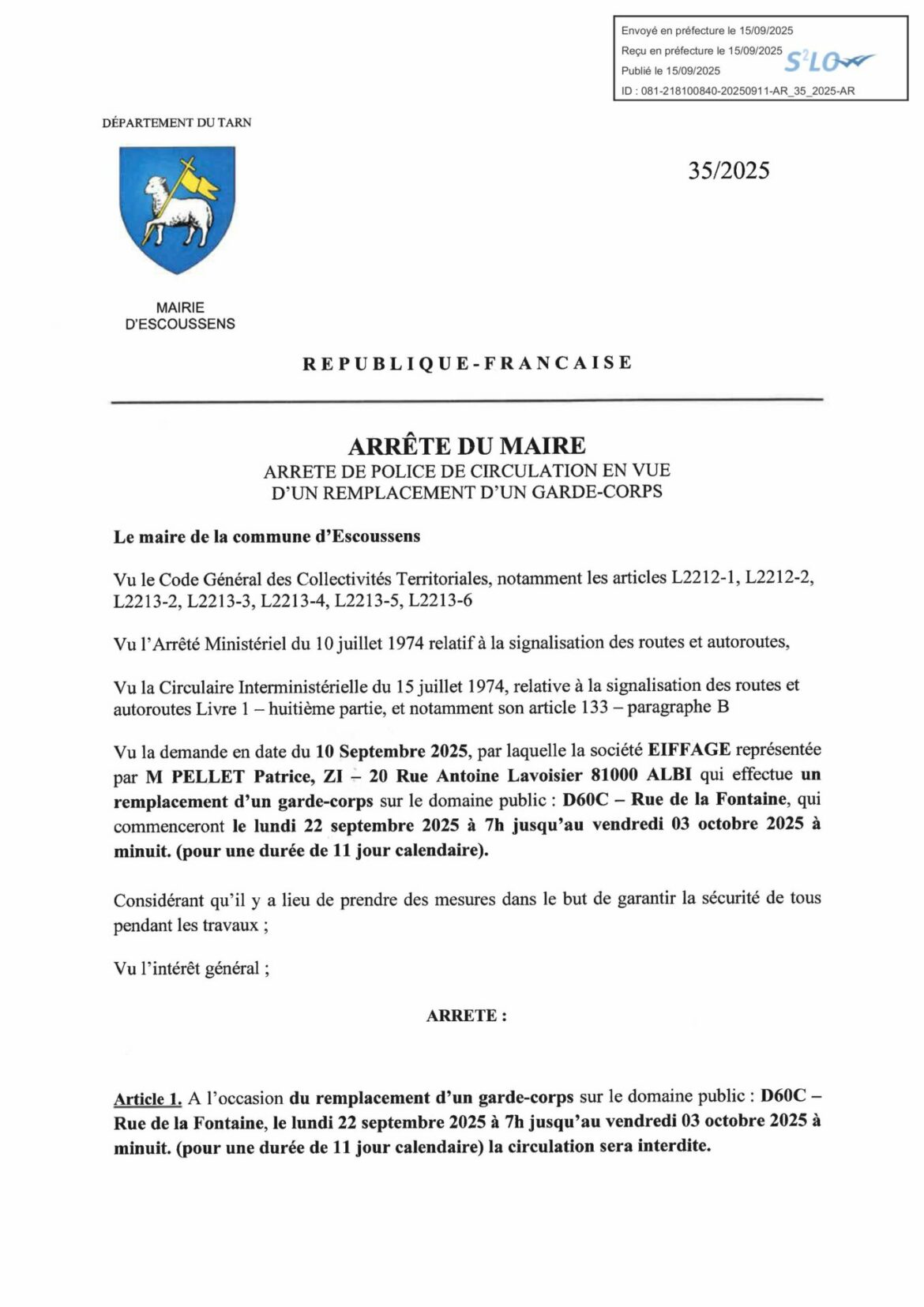 CIRCULATION INTERDITE RUE DE LA FONTAINE DU 22.09.2025 AU 03.10.2025 REMPLACEMENT GARDE-CORPS