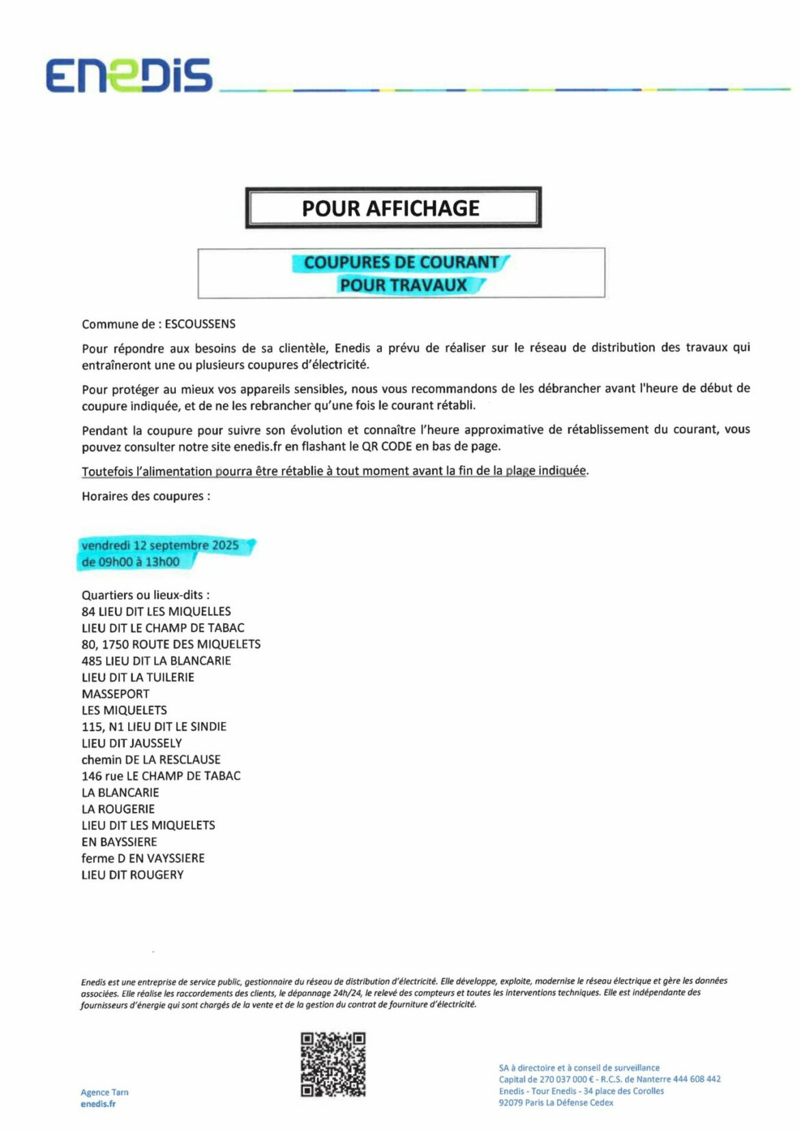 COUPURES DE COURANT POUR TRAVAUX – VENDREDI 12 SEPTEMBRE DE 9H00 A 13H00