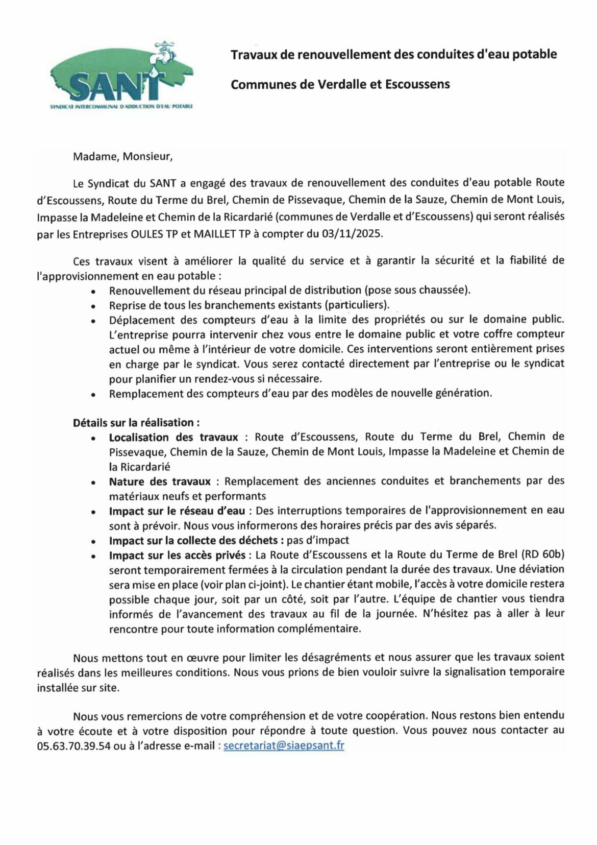 TRAVAUX RENOUVELLEMENT DES CONDUITES D’EAU POTABLE ESCOUSSENS